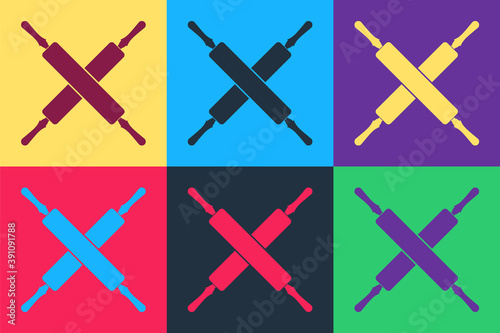 Pop art Crossed rolling pins icon isolated on color background. Kitchen utensils and equipment. Vector.