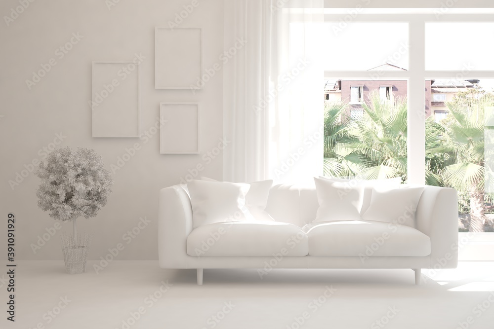 Fototapeta premium White living room with sofa and summer landscape in window. Scandinavian interior design. 3D illustration