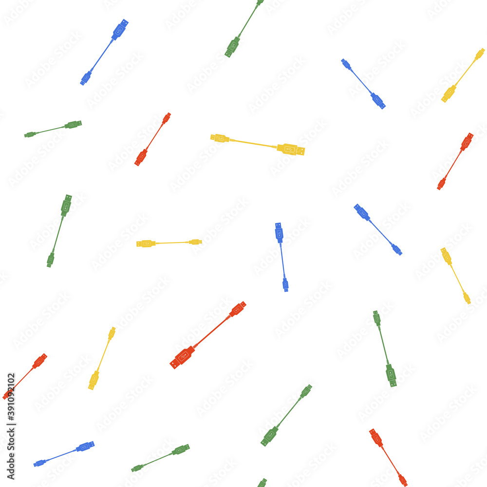 Color USB Micro cables icon isolated seamless pattern on white background. Connectors and sockets for PC and mobile devices. Smartphone recharge supply. Vector. Color USB Micro cables icon isolated seamless pattern on white background. Connectors and sockets for PC and mobile devices. Smartphone recharge supply. Vector.