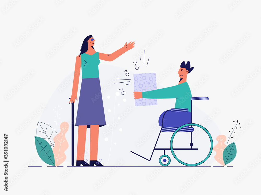 Happy handicapped couple are listening music flat vector illustration. Disabled people relationship concept, young character with disability, communicate and friendship.Trendy drawing isolated  white