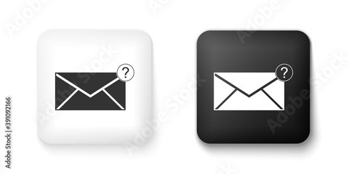 Black and white Envelope with question mark icon isolated on white background. Letter with question mark symbol. Send in request by email. Square button. Vector.