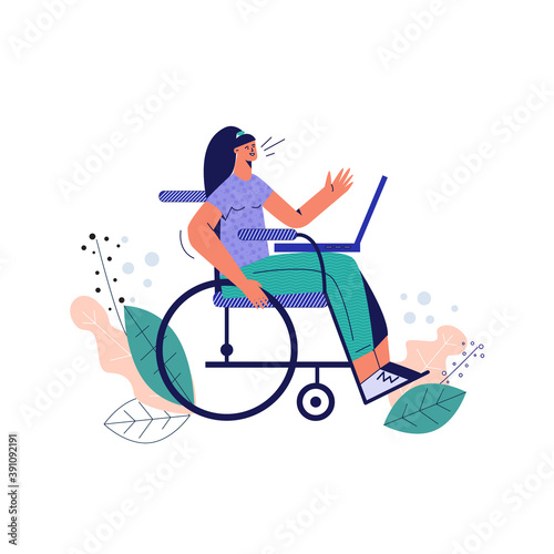 Handicapped woman in wheelchair flat vector illustration. Disabled girl with laptop, young character with disability, portrait special lady, handicap worker. Trendy drawing isolated on white 