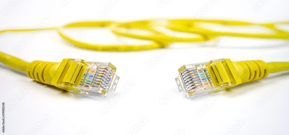 Yellow cable head, network cable connection, Yellow LAN cable isolate on white background. Yellow cable head, network cable connection, Yellow LAN cable isolate on white background.