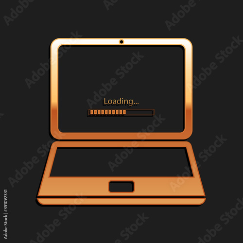 Gold Laptop update process with loading bar icon isolated on black background. System software update. Loading process in laptop screen. Long shadow style. Vector.