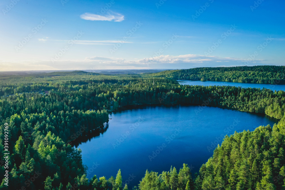 Aerial view of a blue lake and forest in Finland