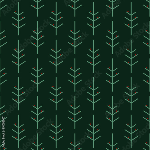 Seamless pattern of a forest of modern Christmas trees on a dark winter green background. © Nina