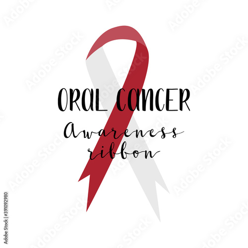 Oral cancer, oncology. Mouth disease. White and burgundy awareness ribbon. Vector flay illustration, isolated on white background