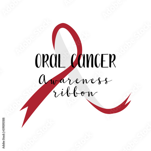 Oral cancer, oncology. Mouth disease. White and burgundy awareness ribbon. Vector flay illustration, isolated on white background