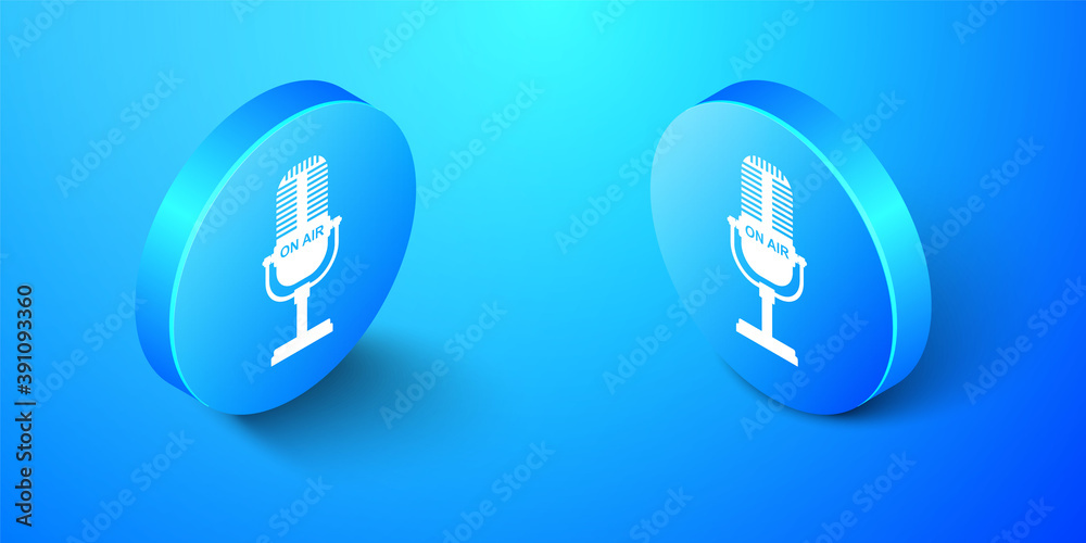 Isometric Microphone icon isolated on blue background. On air radio mic microphone. Speaker sign. Blue circle button. Vector. Isometric Microphone icon isolated on blue background. On air radio mic microphone. Speaker sign. Blue circle button. Vector.