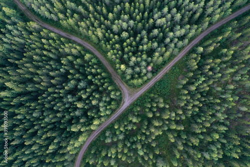 Aerial view of crossroads in a forest in Finland