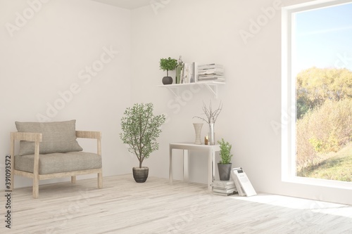 White stylish minimalist room with armchair and autumn landscape in window. Scandinavian interior design. 3D illustration © AntonSh