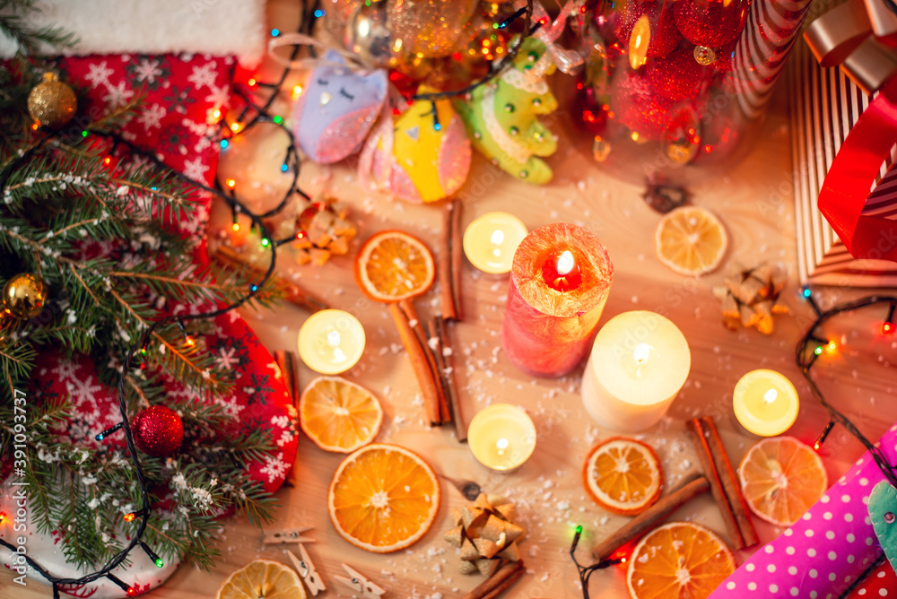 Decoration for christmas time, atmospheric photo. Winter holidays, festive atmosphere, preparation for magic season.