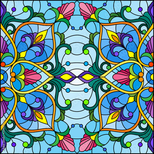 Illustration in the stained glass style with an abstract flower arrangement on a blue background, square image