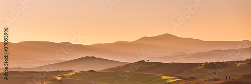 Tuscan hills at sunrise. Typical rural landscape. Tuscany  Italy