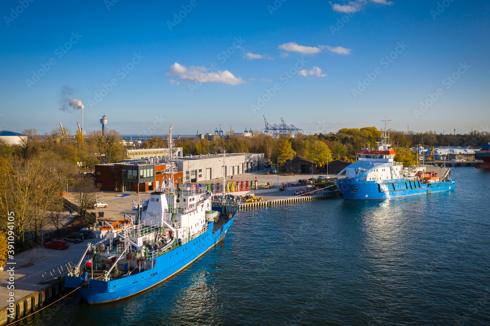 Ships moored in the New Port of Gdansk by the Baltic Sea, Poland