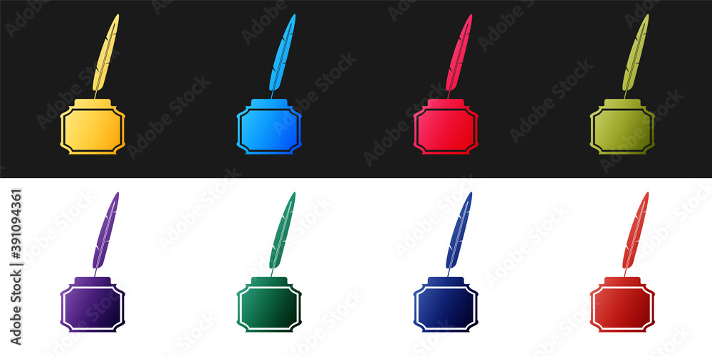 Set Feather and inkwell icon isolated on black and white background. Vector. Set Feather and inkwell icon isolated on black and white background. Vector.