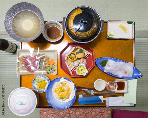 Kaiseki dinner set, a japanese meal course served at a ryokan in top-view