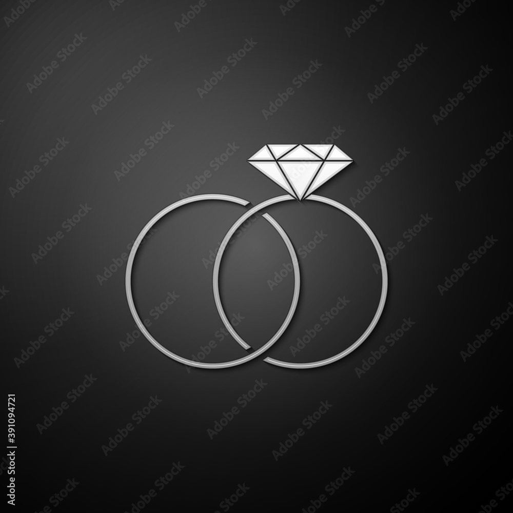 Silver Wedding rings icon isolated on black background. Bride and groom jewelery sign. Marriage icon. Diamond ring icon. Long shadow style. Vector. Silver Wedding rings icon isolated on black background. Bride and groom jewelery sign. Marriage icon. Diamond ring icon. Long shadow style. Vector.
