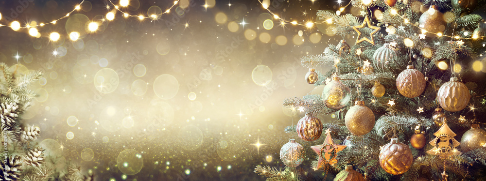 Vintage Christmas Tree With Retro Ornament And Golden Shiny Glitter In The Defocused Background - obrazy, fototapety, plakaty 