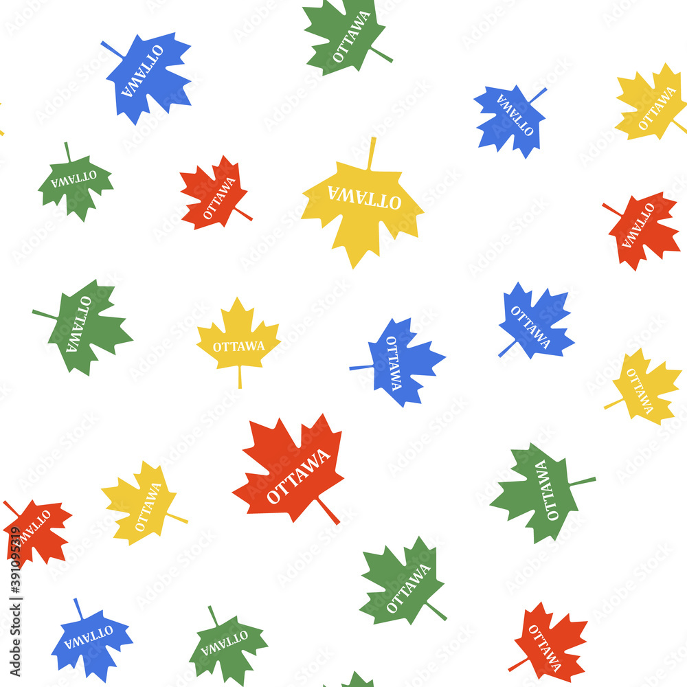 Color Canadian maple leaf with city name Ottawa icon isolated seamless pattern on white background. Vector. Color Canadian maple leaf with city name Ottawa icon isolated seamless pattern on white background. Vector.