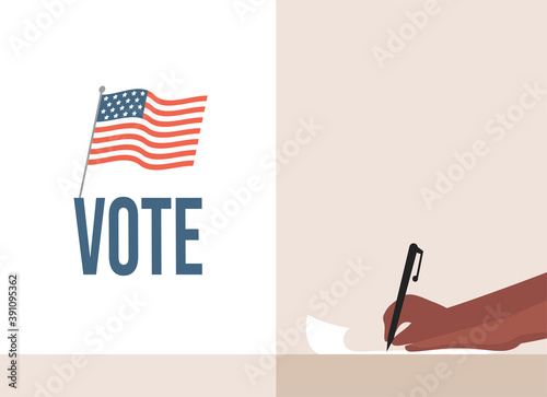 Vote flat banner concept. Hand holding pen, fill casting ballots, voting, and choosing candidates vector flat illustration. Democracy elections, election day in the United States of America concept.