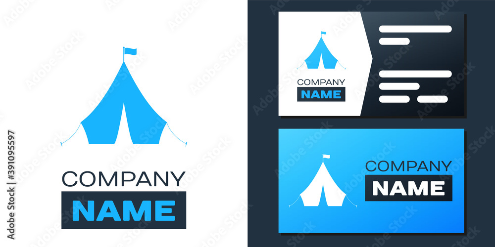 Logotype Tourist tent with flag icon isolated on white background. Logo design template element. Vector.