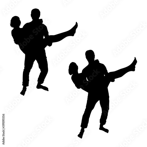 Vector silhouettes of 2 people, a guy carries a girl in his arms, isolated on a white background in two versions. The woman in the man's arms, holding the man by the neck. Transportation of the victim