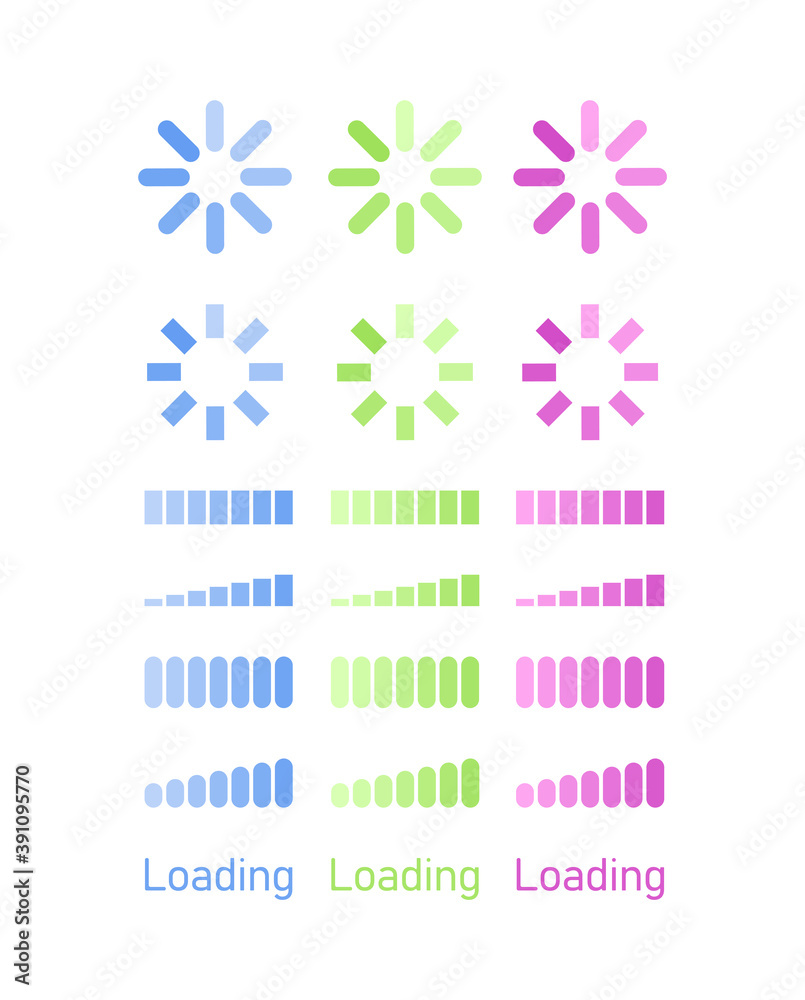 Set of loading icons for design. Uploading vector illustrations isolated on white background.