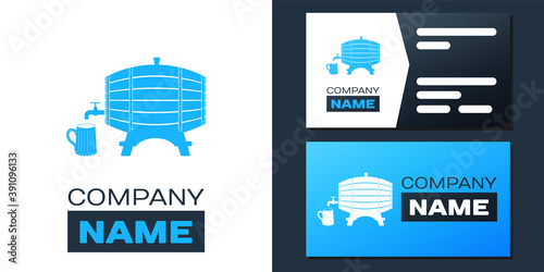 Logotype Wooden barrel on rack with stopcock and wooden beer mug icon isolated on white background. Logo design template element. Vector.