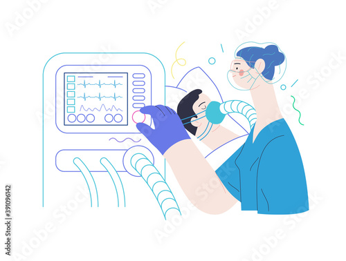 Medical insurance illustration- mechanical ventilation -modern flat vector concept digital illustration - ventilator medical machine equipment for tracheostomy - patient breathing in operating room