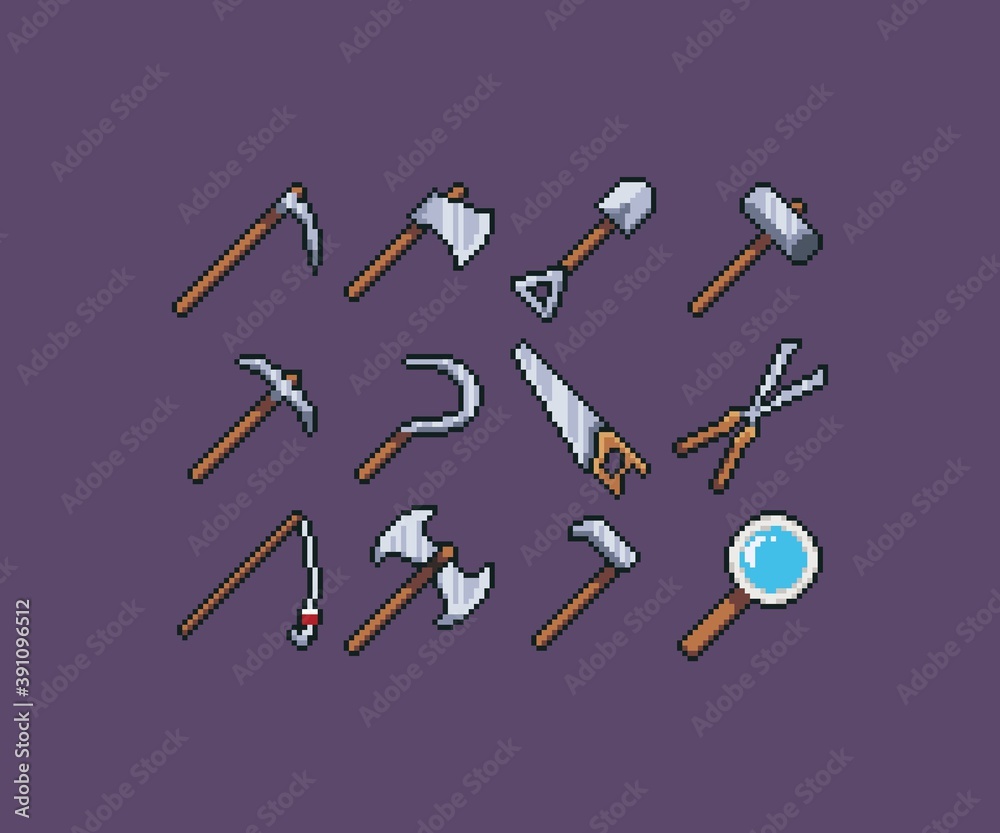 Pixel Art Tool Icons containing axe, shovel, hammer, sickle, scythe, hoe,  fishing rod and similar items created in 32x32 resolution. Illustration  Stock | Adobe Stock