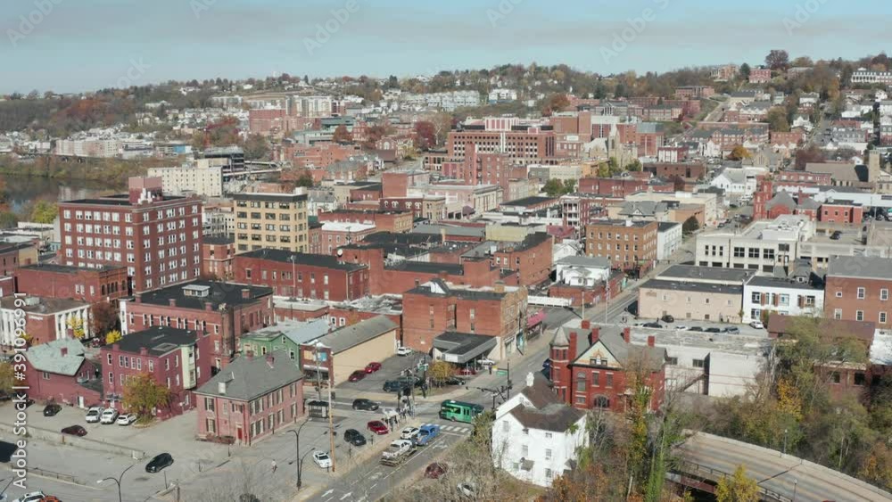 Aerial drone static panoramic shot of the downtown area of Morgantown West Virginia Aerial drone static panoramic shot of the downtown area of Morgantown West Virginia