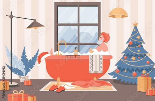 Santa Claus relaxing in bath vector flat illustration. Santa Claus in shower cap taking a bath in bathroom, surrounded by gift boxes and decorated Christmas tree. Cute and funny Christmas card design.