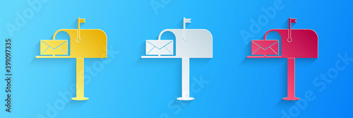 Paper cut Open mail box with an envelope icon isolated on blue background. Paper art style. Vector.