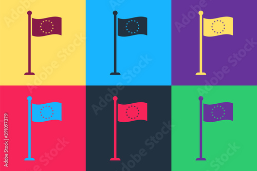 Pop art Flag of European Union icon isolated on color background. EU circle symbol. Waving EU flag on a metallic pole. Vector.