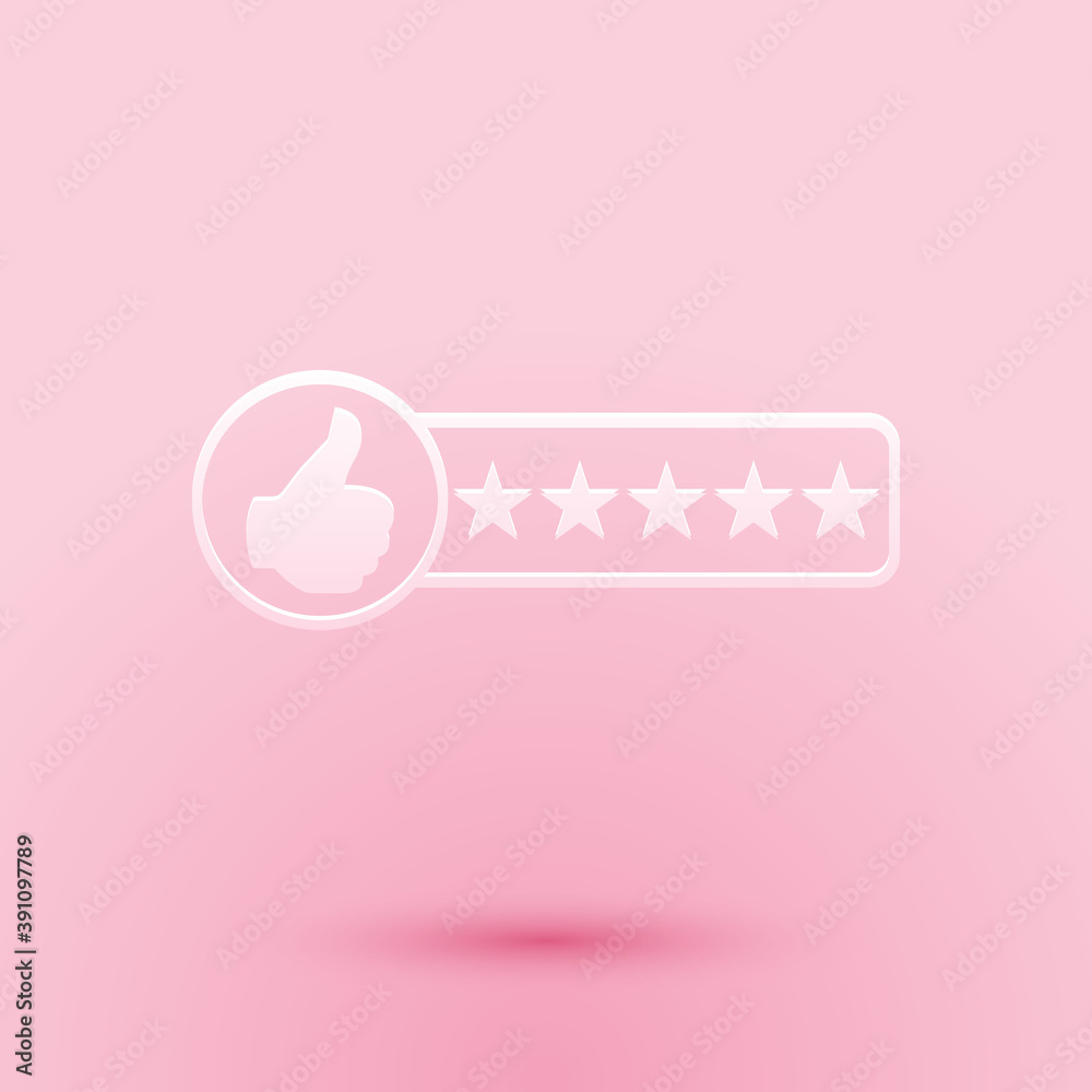 Paper cut Consumer or customer product rating icon isolated on pink background. Paper art style. Vector. Paper cut Consumer or customer product rating icon isolated on pink background. Paper art style. Vector.