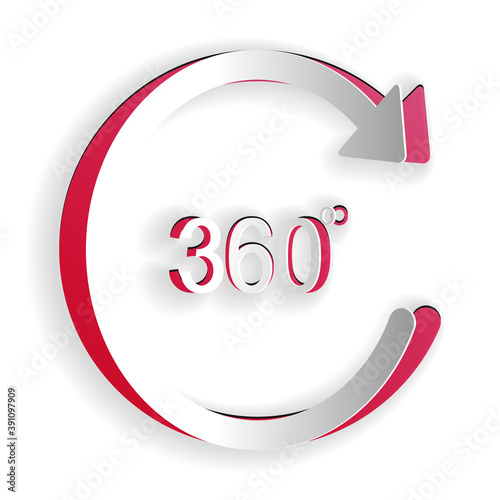 Paper cut Angle 360 degrees icon isolated on white background. Rotation of 360 degrees. Geometry math symbol. Full rotation. Paper art style. Vector.