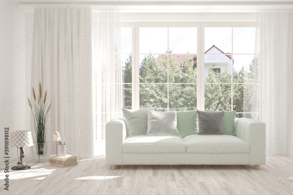 Fototapeta premium White living room with sofa and summer landscape in window. Scandinavian interior design. 3D illustration