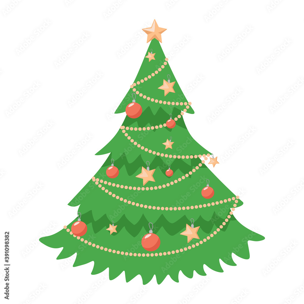 Decorated Christmas tree vector flat illustration isolated on white background. Green and beautiful fir tree with garlands, beads, stars, and balls. Happy New Year and Merry Christmas design element. Векторный объект Stock