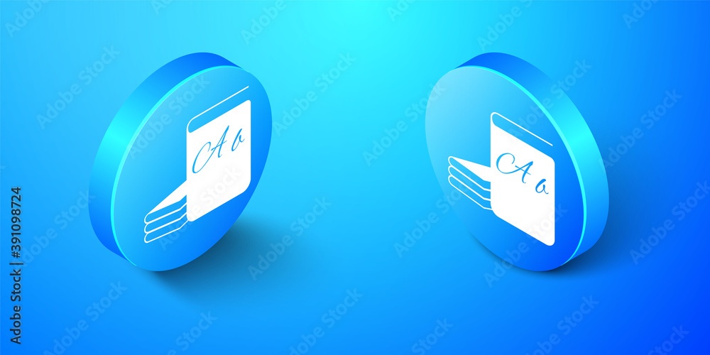 Isometric ABC book icon isolated on blue background. Dictionary book sign. Alphabet book icon. Blue circle button. Vector. Isometric ABC book icon isolated on blue background. Dictionary book sign. Alphabet book icon. Blue circle button. Vector.