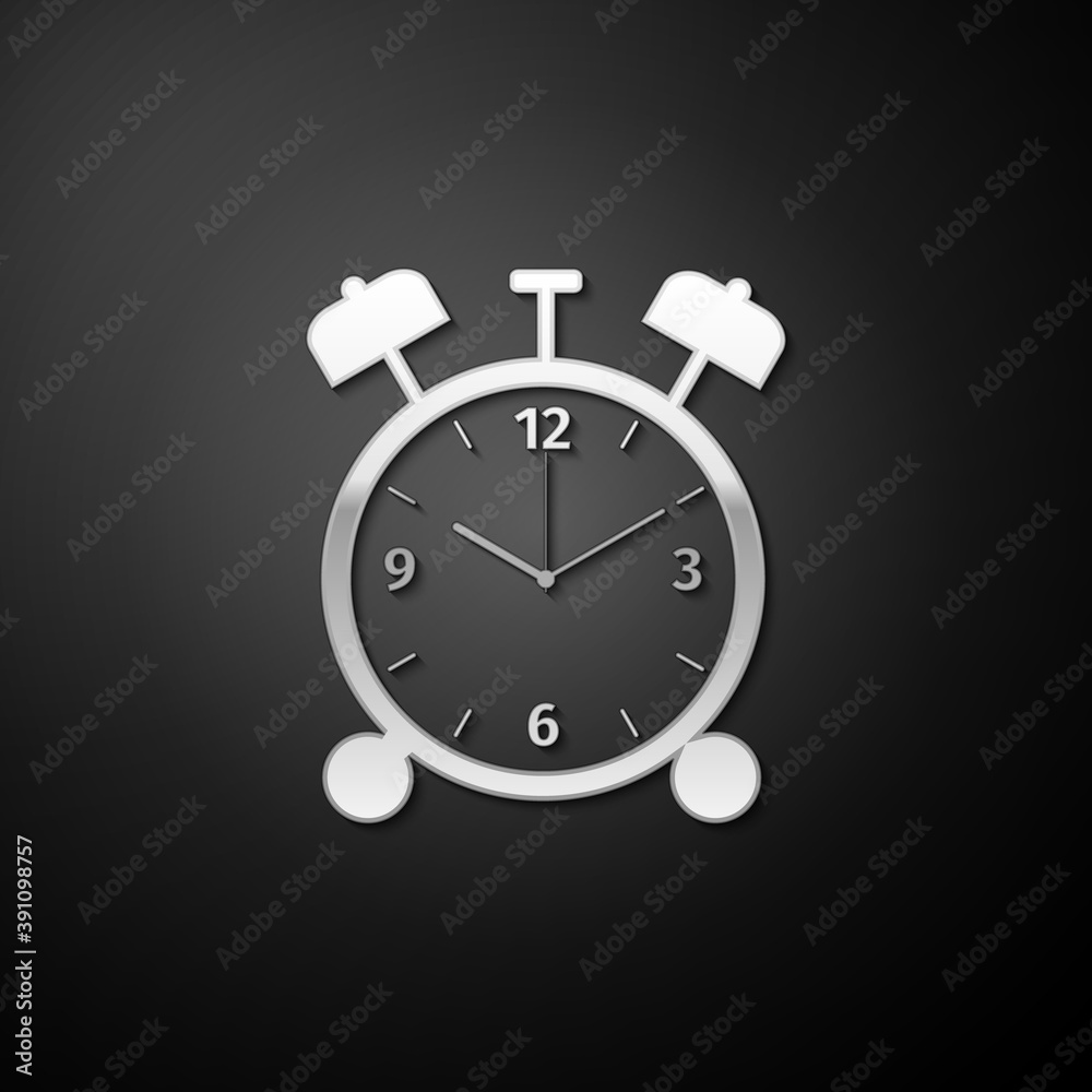 Silver Alarm clock icon isolated on black background. Wake up, get up concept. Time sign. Long shadow style. Vector.