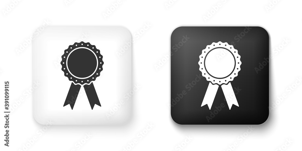 Black and white Medal badge with ribbons icon isolated on white background. Square button. Vector.
