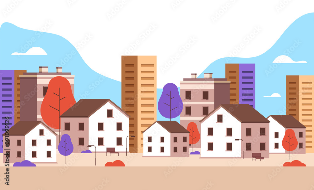 Small simple city town street concept. Vector flat cartoon graphic design illustration