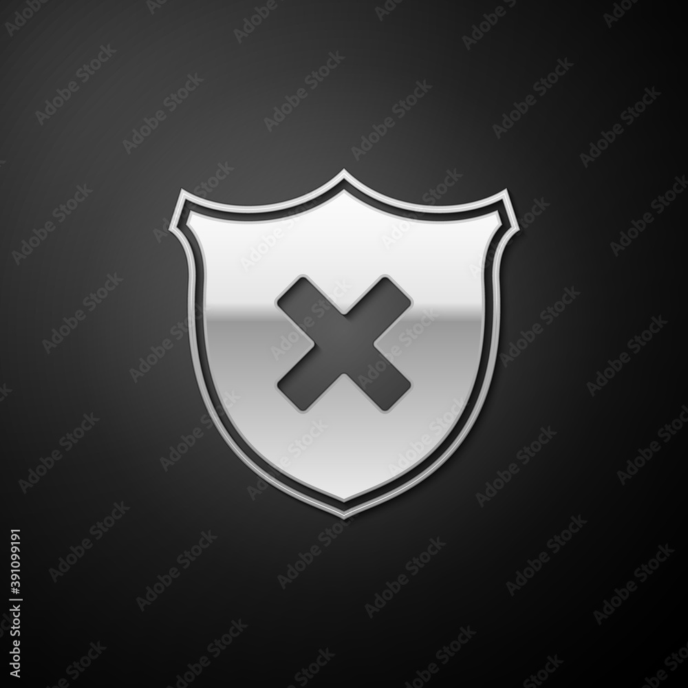 Silver Shield and cross x mark icon isolated on black background. Denied disapproved sign. Protection, safety, security concept. Long shadow style. Vector. Silver Shield and cross x mark icon isolated on black background. Denied disapproved sign. Protection, safety, security concept. Long shadow style. Vector.