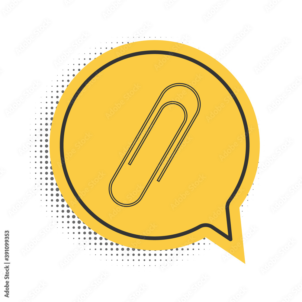 Black Paper clip icon isolated on white background. Yellow speech bubble symbol. Vector. Black Paper clip icon isolated on white background. Yellow speech bubble symbol. Vector.