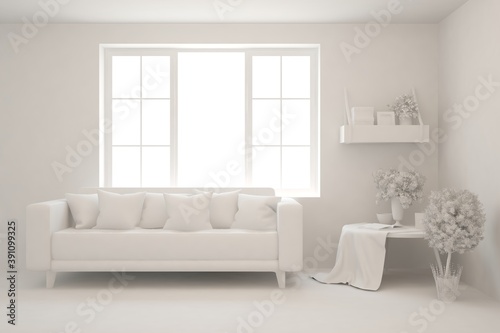 White minimalist living room with sofa. Scandinavian interior design. 3D illustration