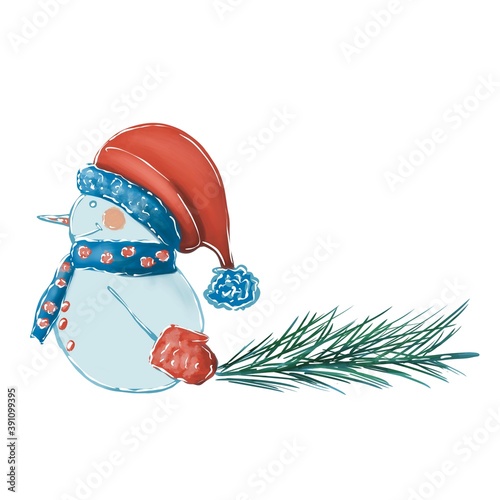Snowman with Christmas tree. Illustration on white background