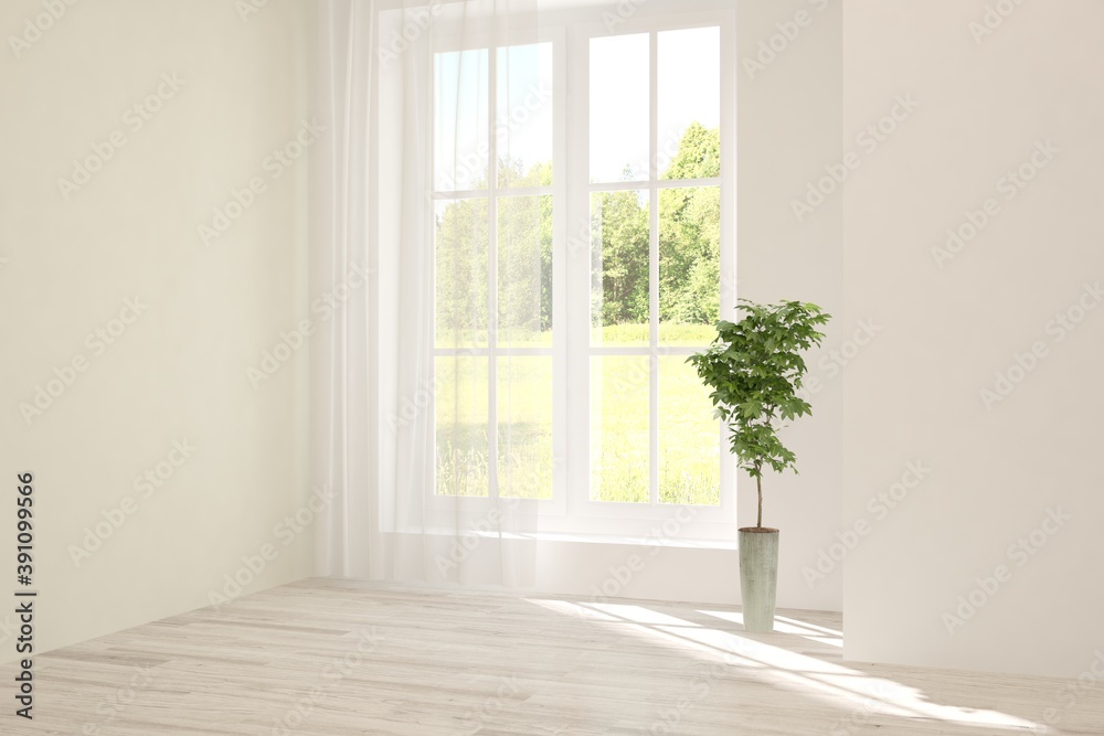 Fototapeta premium White empty room with summer landscape in window. Scandinavian interior design. 3D illustration