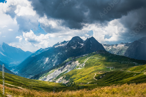 Storm is comming to the Chamonix Mont Blanc valley over the mountain range from the Auvergne Rhone Alps, France
