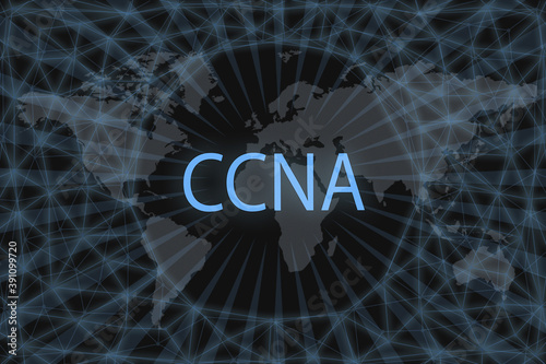 CCNA (Certified Network) Associate inscription on a dark background and a world map.